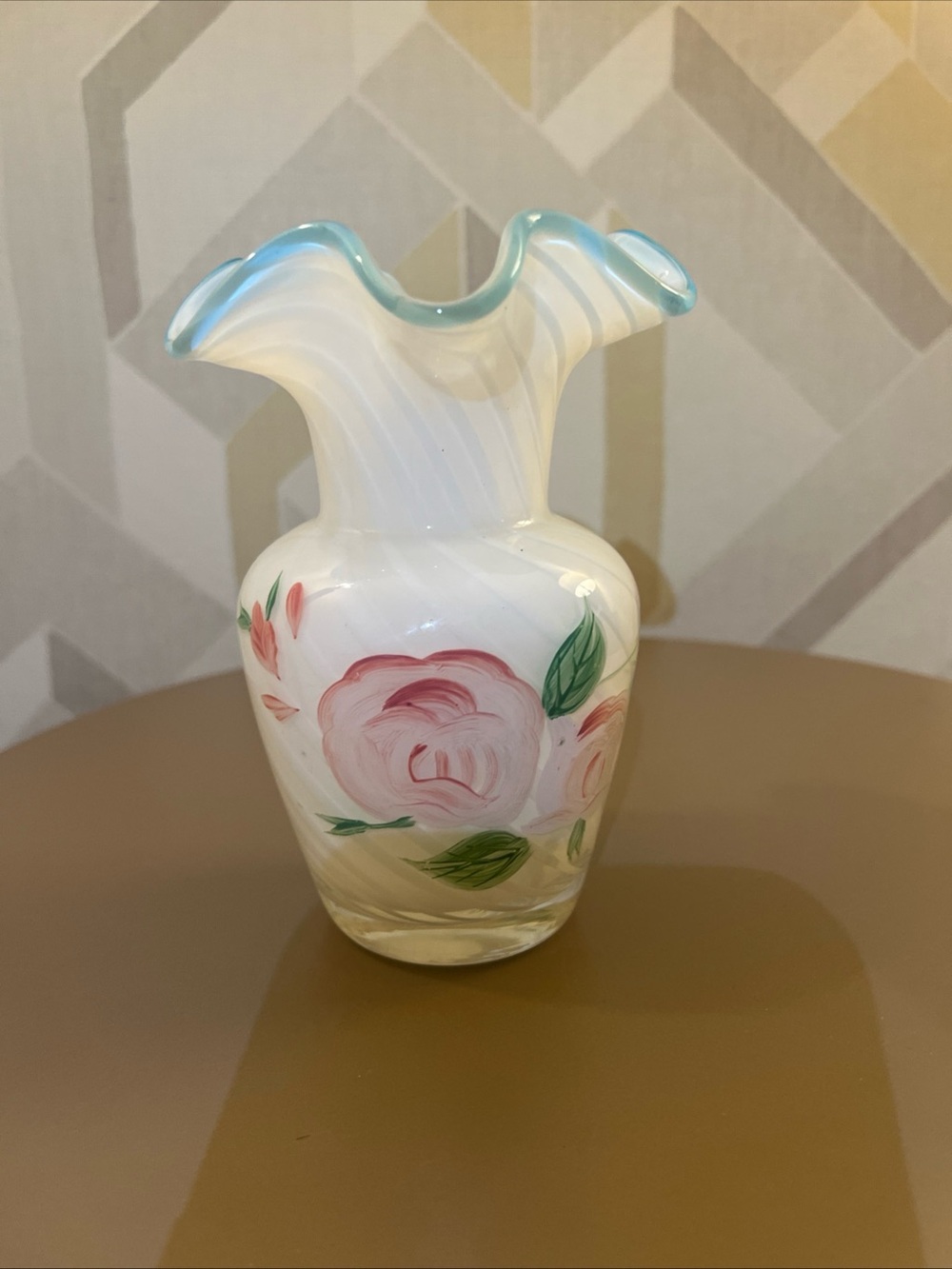Fenton White Glass Vase with Pink Roses and Blue-Rim